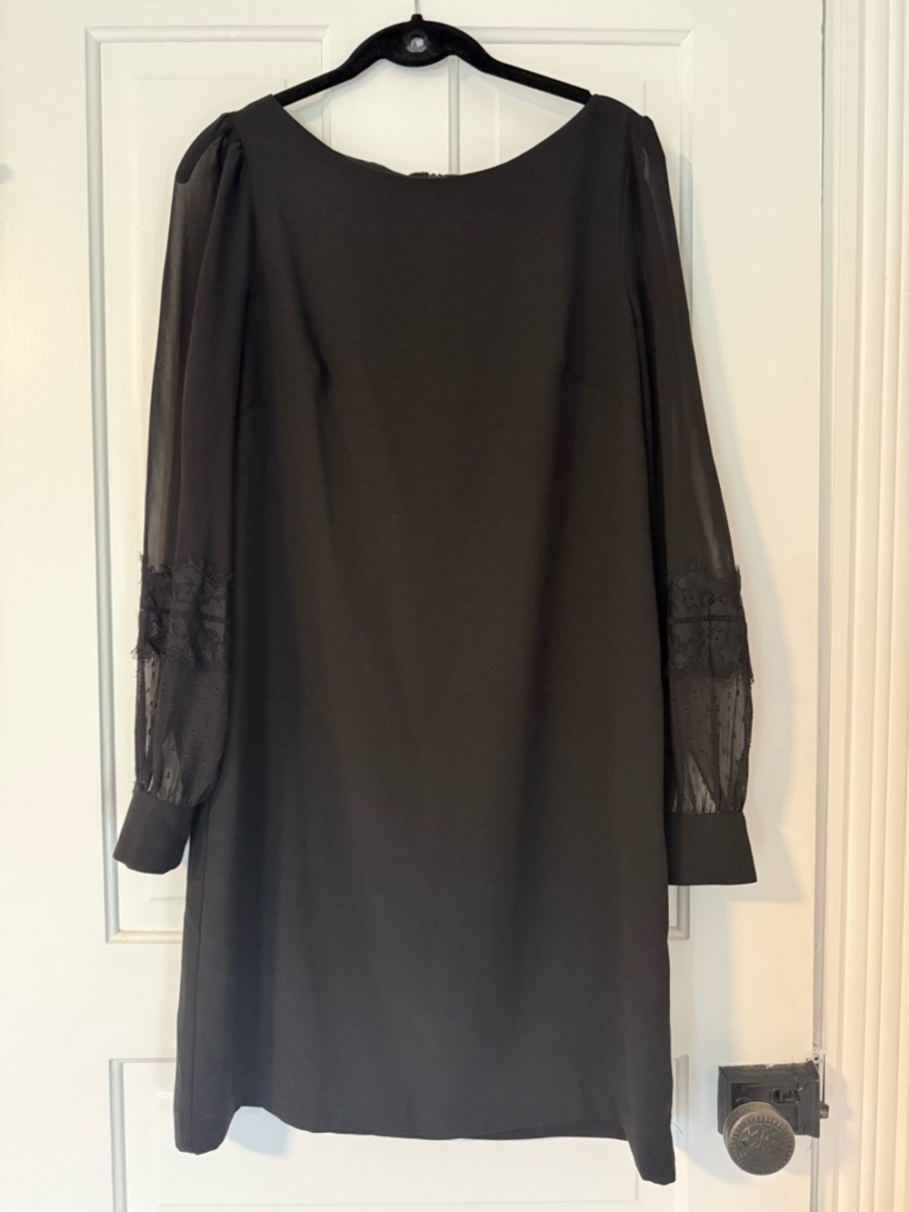 Ann Taylor Black Long-Sleeve Shift Dress with Lace-Trim Sheer Sleeves